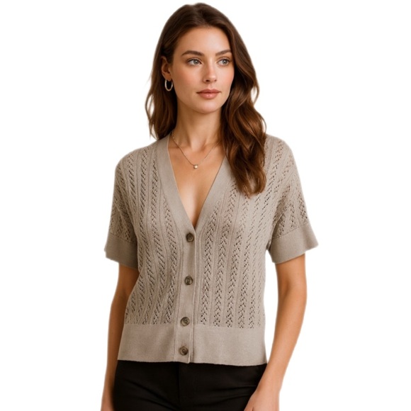 LOFT Sweaters - Ann Taylor LOFT Gray Open Knit Short Sleeve Pima Cotton Cardigan — Size M